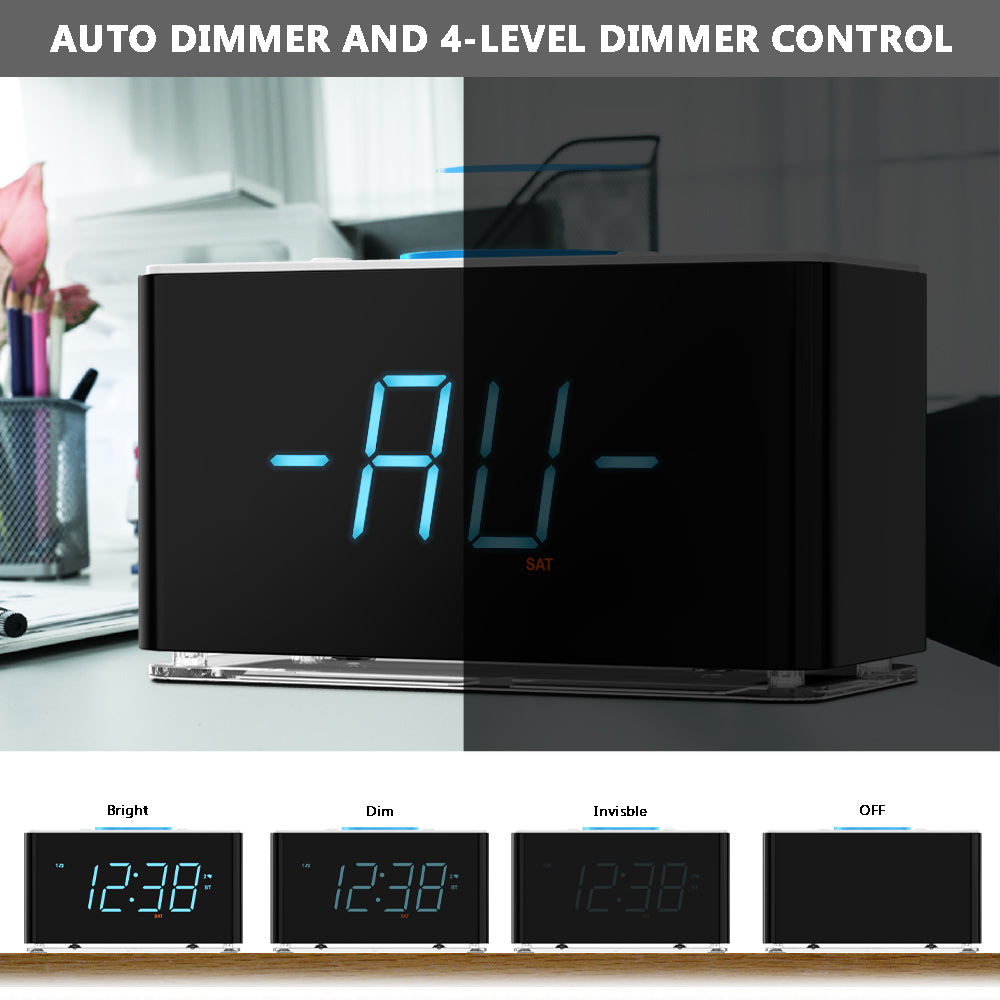 Creative APP Control, Alarm Clock Radio with 15W Wireless Charger, FM Radio, Bluetooth, Two Charging Ports, Dual Alarm, Sleep Timer, Snooze, Auto-Manual Dimmer, Night Light &1.4" Ice Blue LED Display Clock Radio for Bedroom iTOMA 207A-EU