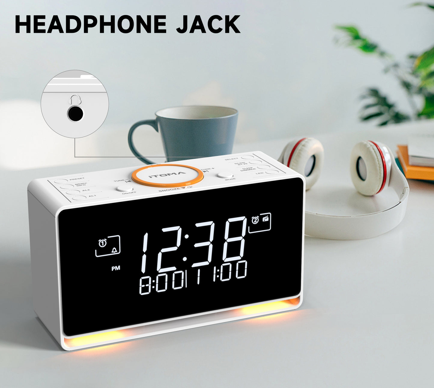 Wecker mit DAB- und UKW-Radio, 40 Voreinstellungen, kabellose Verbindung, Doppelalarm, Sleep-Timer, Dimmersteuerung, USB-Ladegerät und Kopfhöreranschluss iTOMA 728