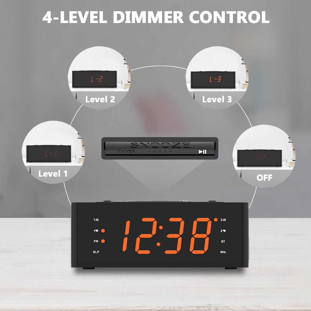 Bedroom Digital Alarm clock with FM radio, Bluetooth, Dimmable LED display screen, sleep timer, adjustable volume, dual alarm clock with on/off button, bedside alarm clock for adults, the elderly and children iTOMA 515