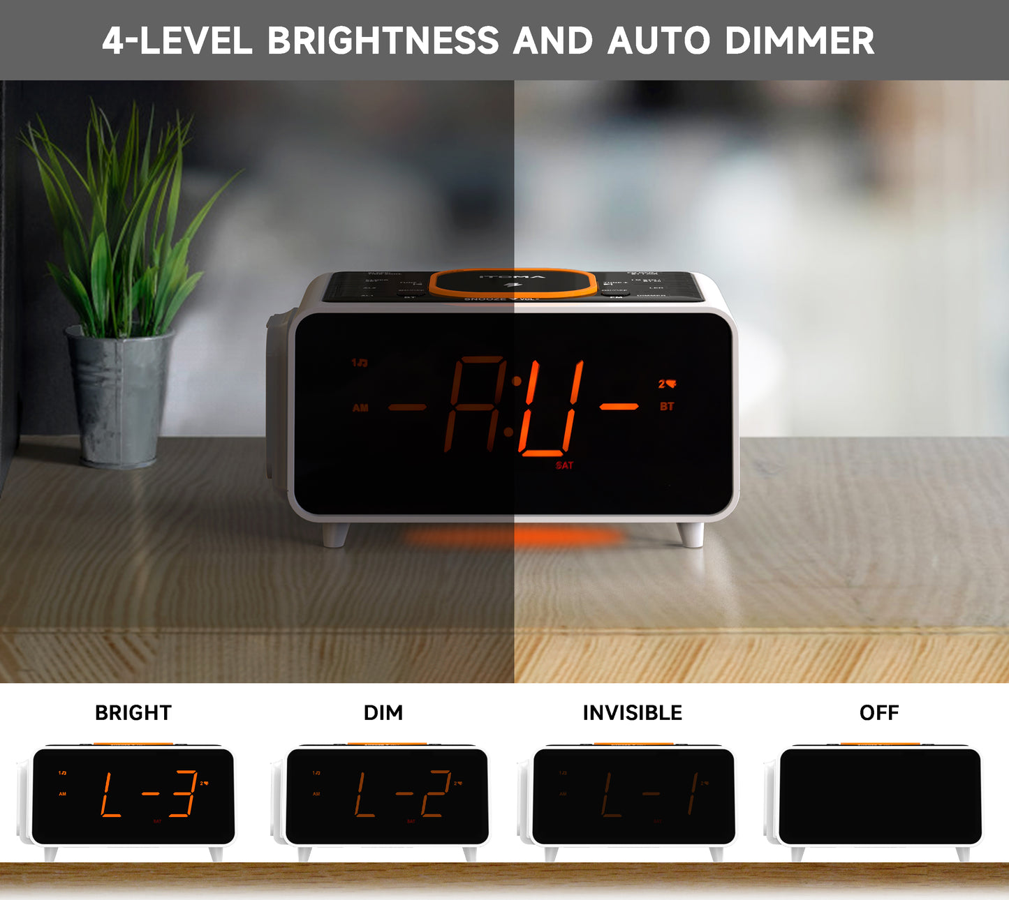 Bedside App Control Dual Wireless Charging Alarm Clock Radio with Bluetooth Speaker, FM Radio, Two USB Port, Dual Alarm, Snooze, Night Light, Auto & Manual Dimmer Control and 1.4" Orange Display iTOMA 209A-EU