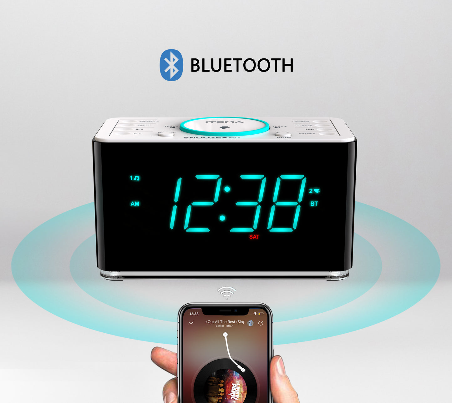 Bedside Alarm Clock Radio, 15 W Ultra Fast Wireless Phone Charger with wireless conncetion, USB Charging Port, Dual Alarm, Sleep Timer, Snooze, Dimmer, FM Radio,Cyan LED Night Light &1.4" Display iTOMA 207S
