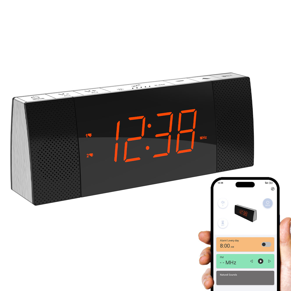 Kreativer Nachttisch-Wecker mit Radio und Bluetooth, UKW-Radio, Doppelalarm mit Schlummerfunktion, Aufladen über USB, automatischer und manueller Dimmer, Uhr fürs Nachttisch iTOMA 503A