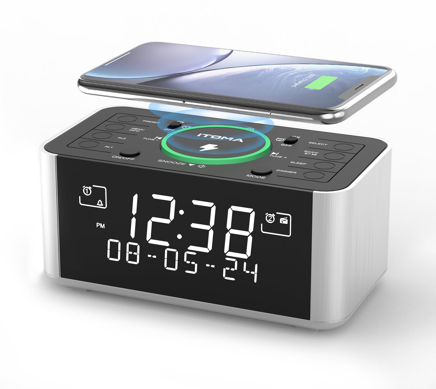 Alarm Clock with DAB & FM Radio Wireless Charging, 40 Preset Stations, Dual Alarms, Snooze, Dimmable LCD Display, Bluetooth, USB Charging and Earphone Jack, Bedside Alarm Radio iTOMA 206D