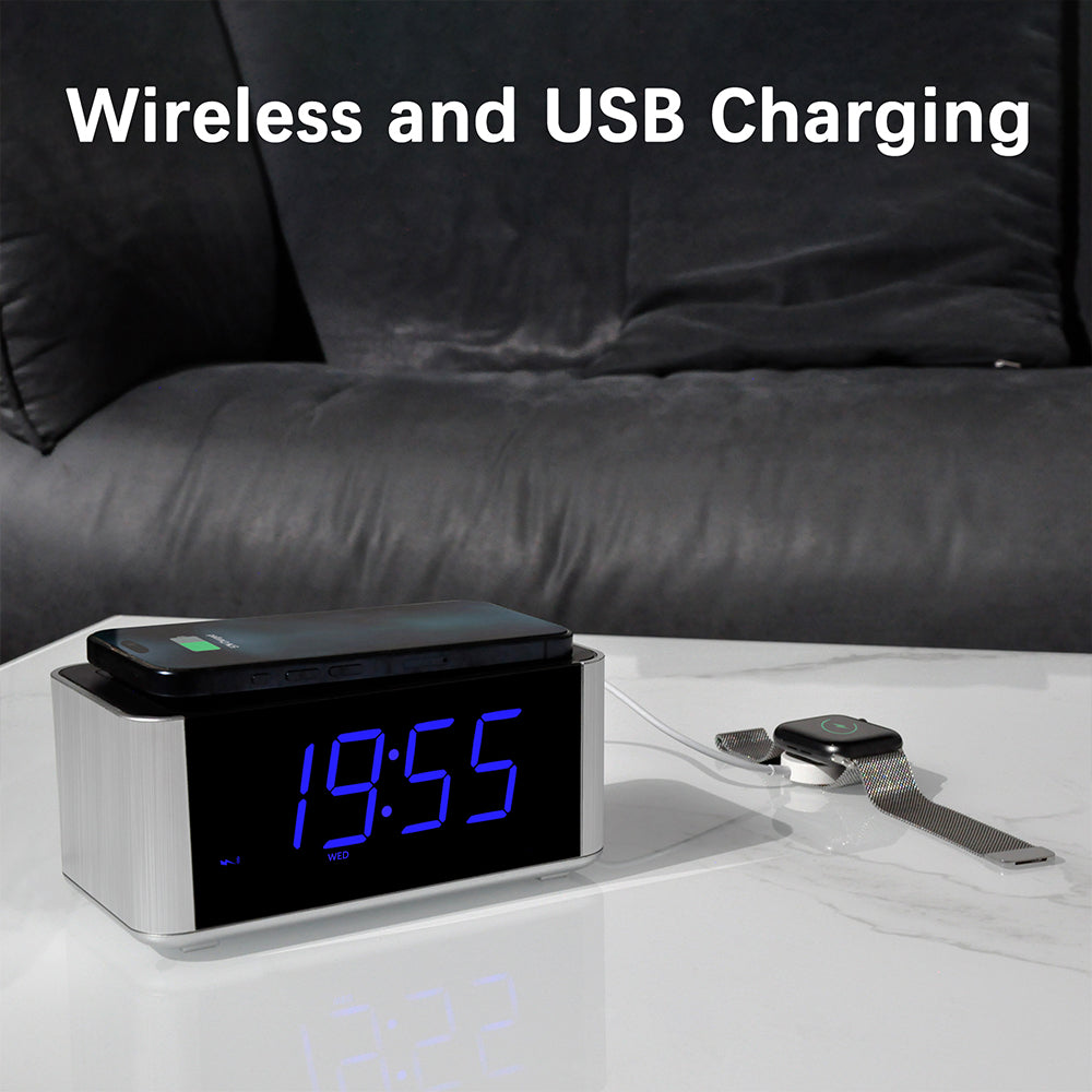 Kabelloser Ladewecker mit DAB- und UKW-Radio, 40 voreingestellten Sendern, zwei Alarmen, Schlummerfunktion, dimmbarem LCD-Display, Bluetooth, USB-Ladefunktion und Kopfhöreranschluss, Radiowecker fürs Bett iTOMA 206