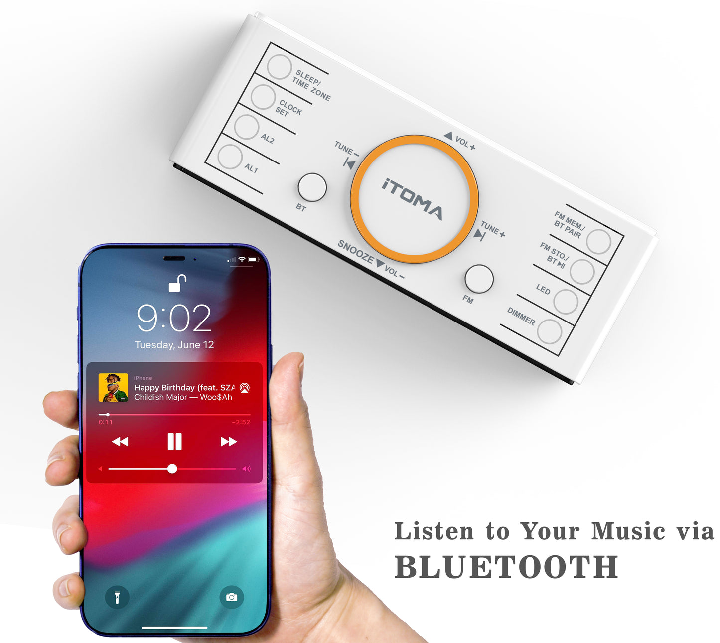 Radio despertador digital con pantalla LED blanca de 1,4" y Bluetooth, radio FM, alarma dual, temporizador de apagado automático, función de repetición, atenuador automático y manual, cargador USB y luz nocturna iTOMA 718