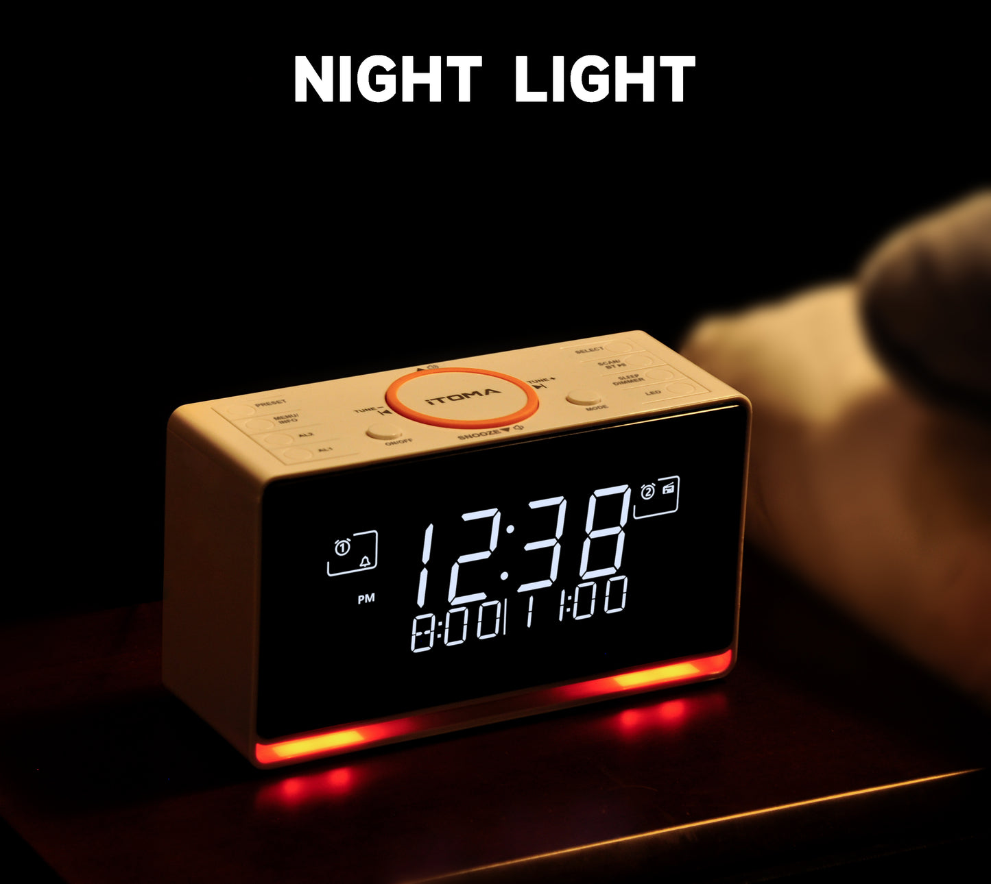 Wecker mit DAB- und UKW-Radio, 40 Voreinstellungen, kabellose Verbindung, Doppelalarm, Sleep-Timer, Dimmersteuerung, USB-Ladegerät und Kopfhöreranschluss iTOMA 728