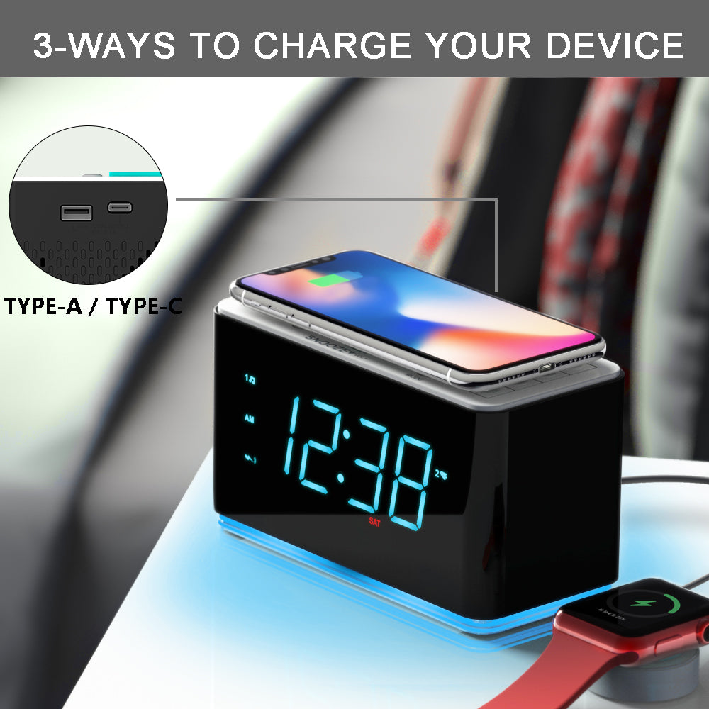 Creative APP Control, Alarm Clock Radio with 15W Wireless Charger, FM Radio, Bluetooth, Two Charging Ports, Dual Alarm, Sleep Timer, Snooze, Auto-Manual Dimmer, Night Light &1.4" Ice Blue LED Display Clock Radio for Bedroom iTOMA 207A-EU