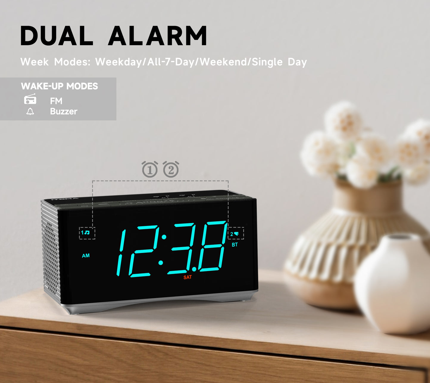 Radio despertador digital con altavoces estéreo Bluetooth, radio FM, alarma dual, función de repetición, regulador de brillo, carga USB, ideal para dormitorio y oficina iTOMA 3501S