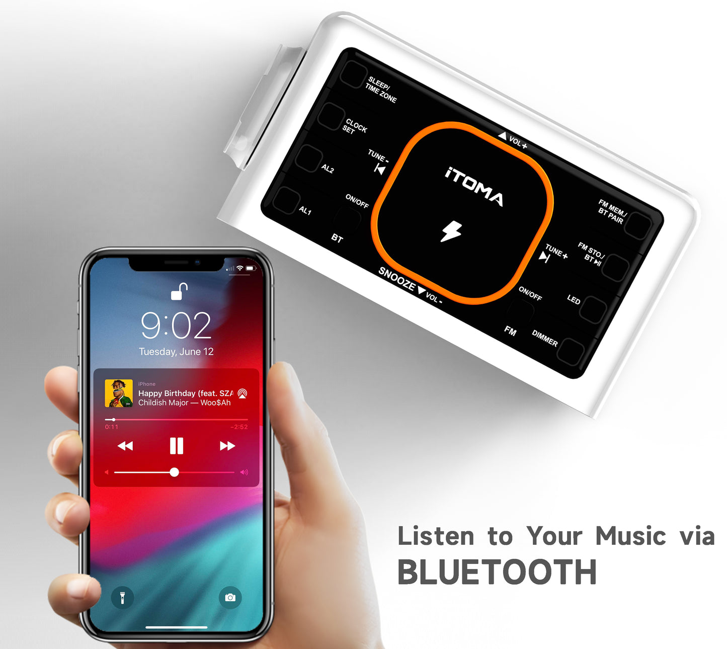 Bedside App Control Dual Wireless Charging Alarm Clock Radio with Bluetooth Speaker, FM Radio, Two USB Port, Dual Alarm, Snooze, Night Light, Auto & Manual Dimmer Control and 1.4" Orange Display iTOMA 209A-EU