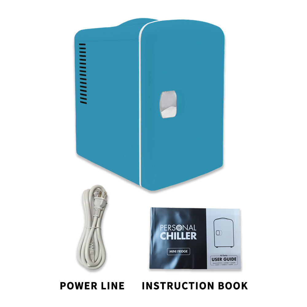 Mini refrigerador portátil K4207 cian de 4 litros (6 latas), ideal para el cuidado de la piel, cosméticos, bebidas y alimentos. 100 % libre de freón, ecológico, ideal para dormitorio, oficina, coche y residencia universitaria.