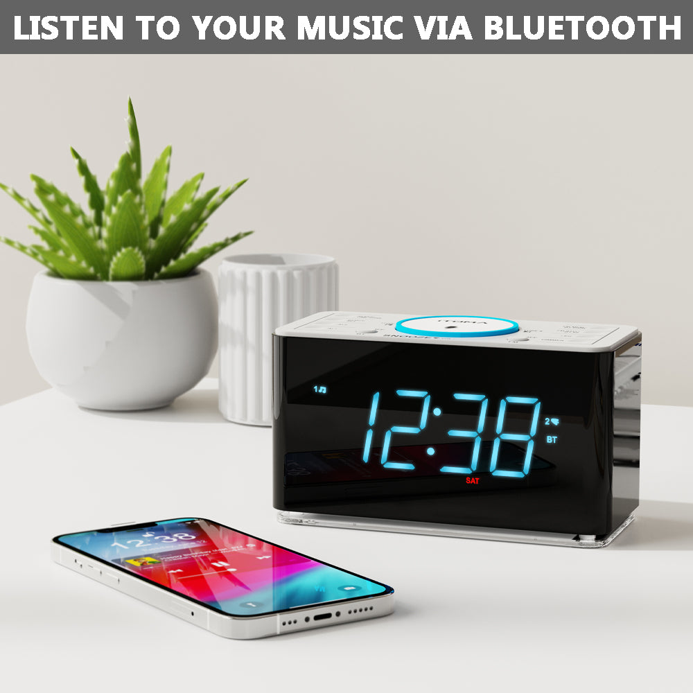 Creative APP Control, Alarm Clock Radio with 15W Wireless Charger, FM Radio, Bluetooth, Two Charging Ports, Dual Alarm, Sleep Timer, Snooze, Auto-Manual Dimmer, Night Light &1.4" Ice Blue LED Display Clock Radio for Bedroom iTOMA 207A-EU