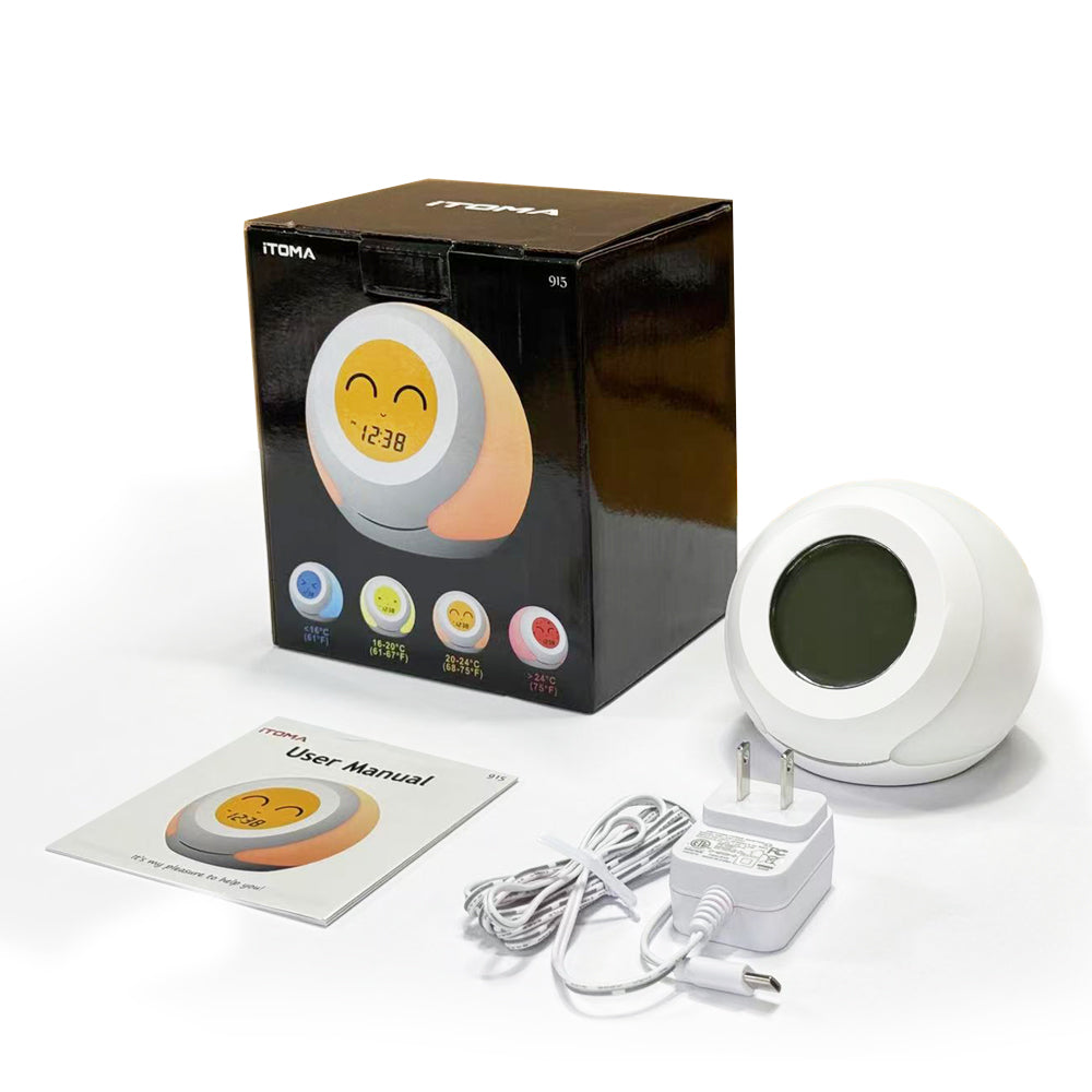 Termómetro e higrómetro para habitación infantil con adorables expresiones faciales, luz de colores a elegir, regulador de intensidad de 4 niveles, monitor de temperatura interior, pantalla LCD con hora infantil, medidor de temperatura y humedad iTOMA 915
