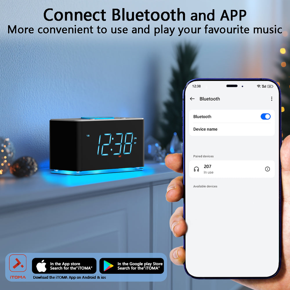 Creative APP Control, Alarm Clock Radio with 15W Wireless Charger, FM Radio, Bluetooth, Two Charging Ports, Dual Alarm, Sleep Timer, Snooze, Auto-Manual Dimmer, Night Light &1.4" Ice Blue LED Display Clock Radio for Bedroom iTOMA 207A-EU