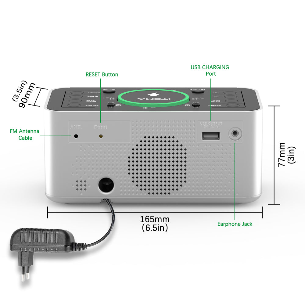 Alarm Clock with DAB & FM Radio Wireless Charging, 40 Preset Stations, Dual Alarms, Snooze, Dimmable LCD Display, Bluetooth, USB Charging and Earphone Jack, Bedside Alarm Radio iTOMA 206D