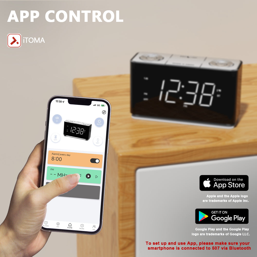 Kreativer digitaler Radiowecker, Wecker mit Bluetooth, großes LED-Display, UKW-Radio, Doppelalarm, USB-Ladeanschluss, Nachtlicht, automatischer und manueller Dimmer, Schlummerfunktion, Sleep-Timer iTOMA 507A