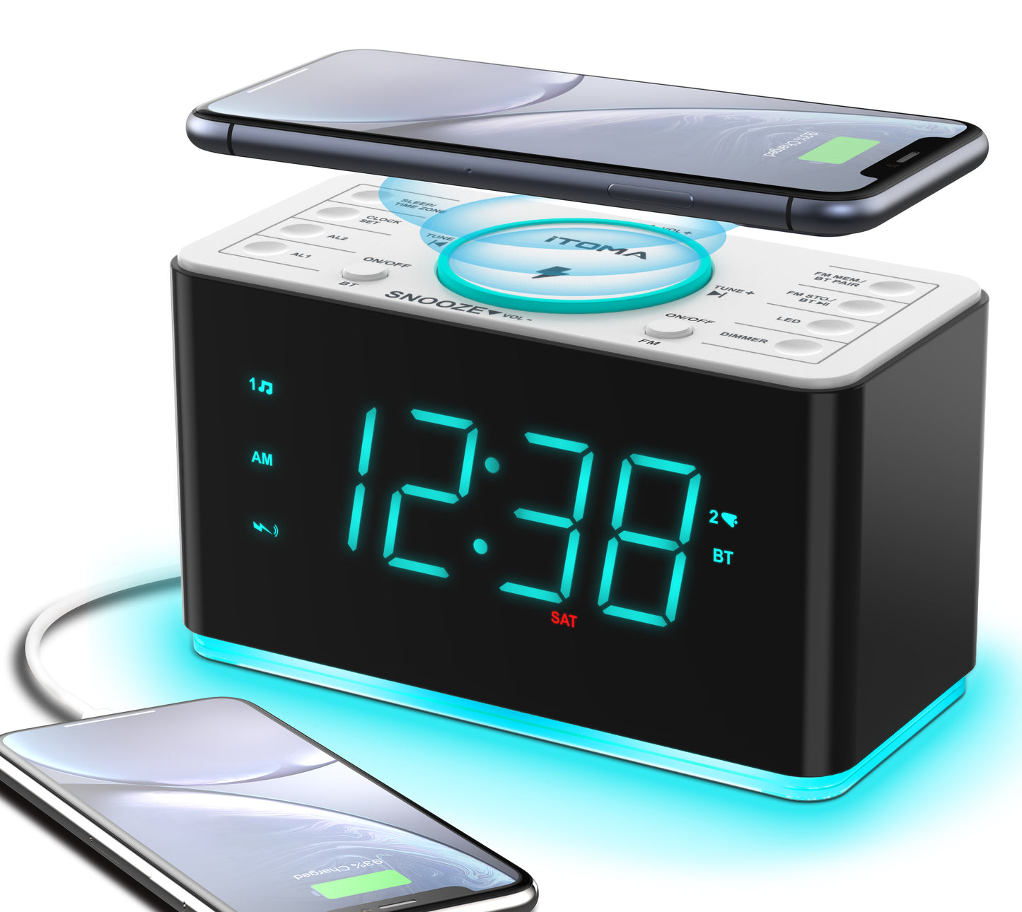 Bedside Alarm Clock Radio, 15 W Ultra Fast Wireless Phone Charger with wireless conncetion, USB Charging Port, Dual Alarm, Sleep Timer, Snooze, Dimmer, FM Radio,Cyan LED Night Light &1.4" Display iTOMA 207S