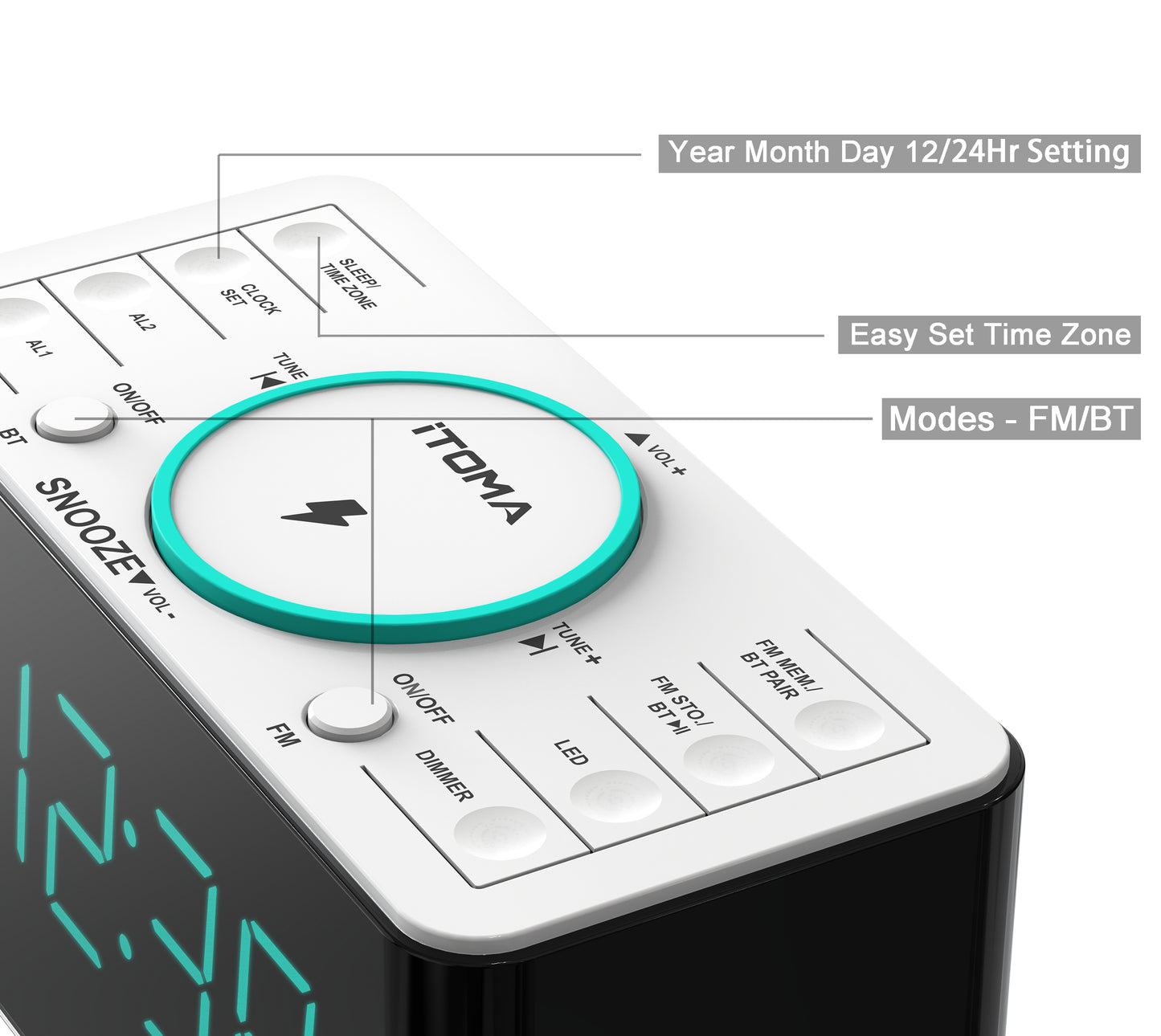 Bedside Alarm Clock Radio, 15 W Ultra Fast Wireless Phone Charger with wireless conncetion, USB Charging Port, Dual Alarm, Sleep Timer, Snooze, Dimmer, FM Radio,Cyan LED Night Light &1.4" Display iTOMA 207S