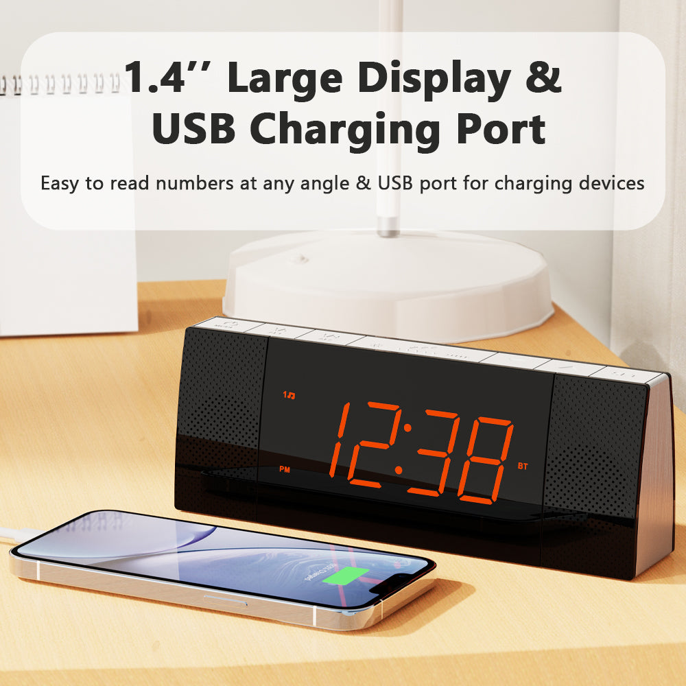 Kreativer Nachttisch-Wecker mit Radio und Bluetooth, UKW-Radio, Doppelalarm mit Schlummerfunktion, Aufladen über USB, automatischer und manueller Dimmer, Uhr fürs Nachttisch iTOMA 503A