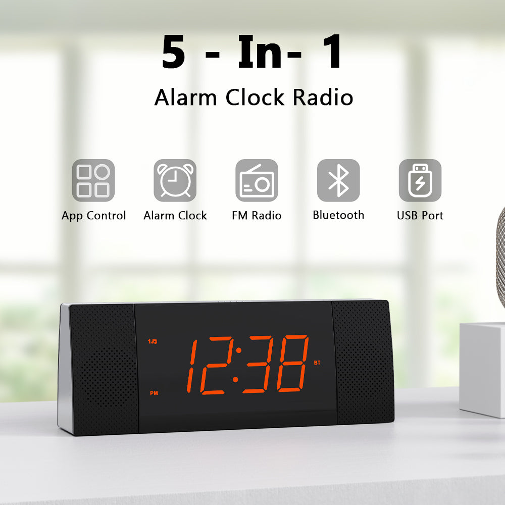Kreativer Nachttisch-Wecker mit Radio und Bluetooth, UKW-Radio, Doppelalarm mit Schlummerfunktion, Aufladen über USB, automatischer und manueller Dimmer, Uhr fürs Nachttisch iTOMA 503A