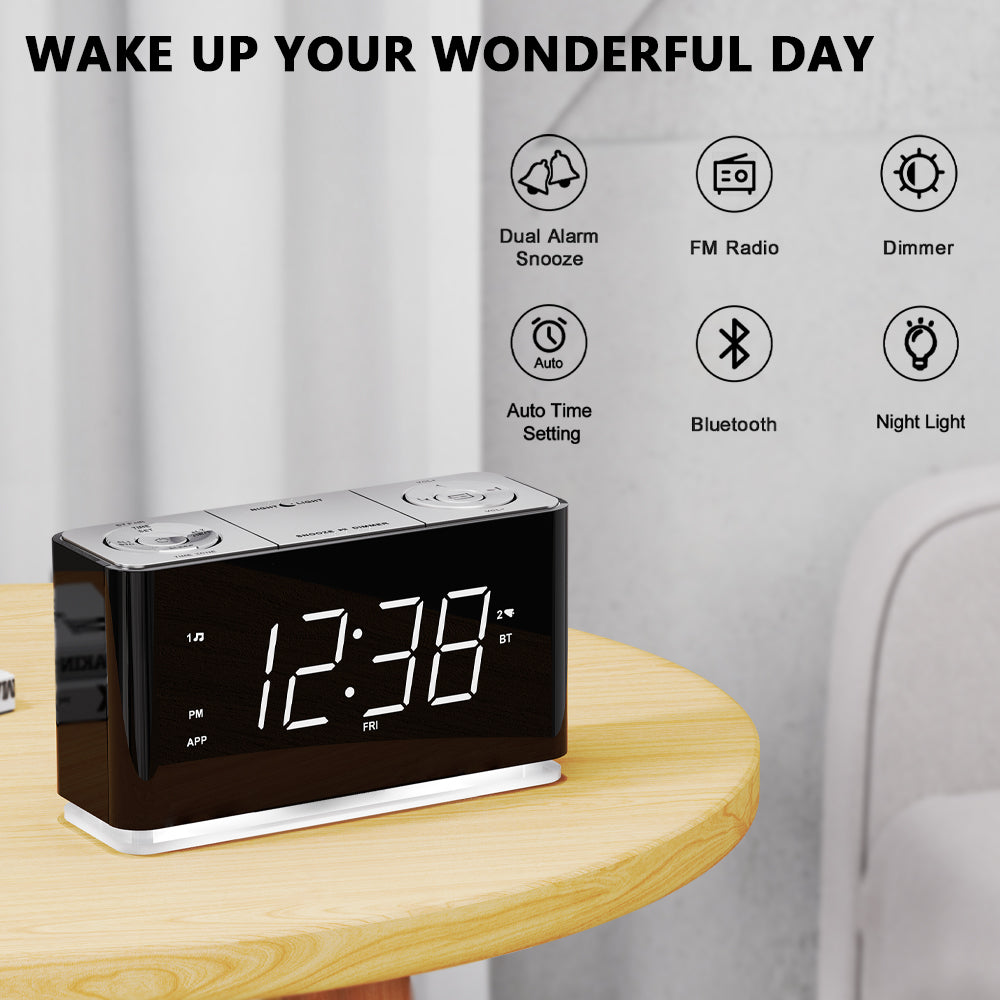 Kreativer digitaler Radiowecker, Wecker mit Bluetooth, großes LED-Display, UKW-Radio, Doppelalarm, USB-Ladeanschluss, Nachtlicht, automatischer und manueller Dimmer, Schlummerfunktion, Sleep-Timer iTOMA 507A