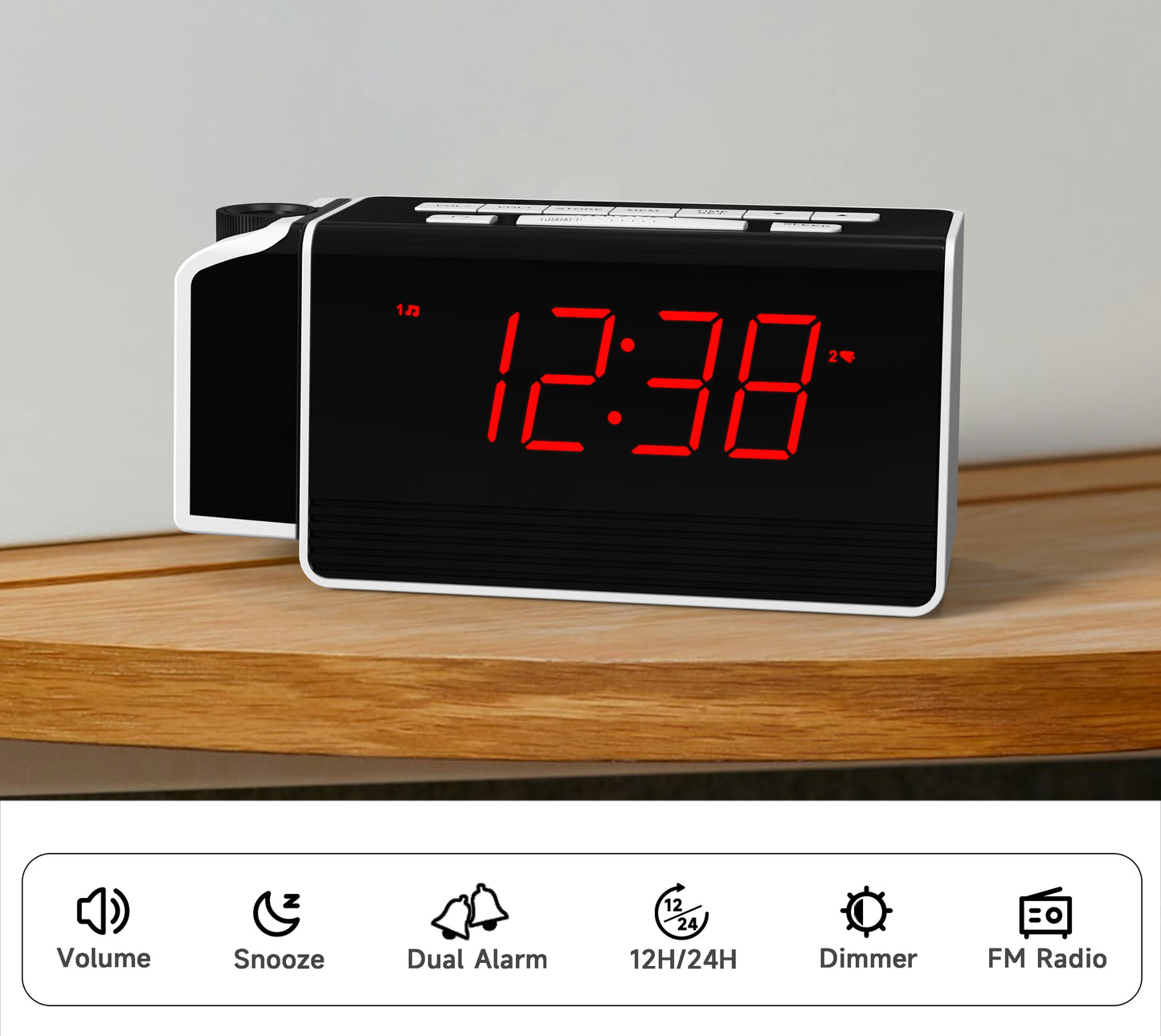 Digital iTOMA Projection Alarm Clock for Bedroom with 180° Rotatable Projector, FM Radio, Red LED Display, 4-Level Brightness Dimmer, Dual Alarm, Snooze,12/24H 512
