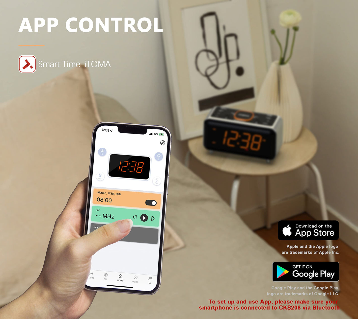 Radio Alarm Clock with App Control, Bluetooth, FM Radio, Dual Alarm of 4 Alarm Modes, Easy Snooze, Dimmer, Orange Night Light, 12/24 Hr & USB Charger Port iTOMA 208A