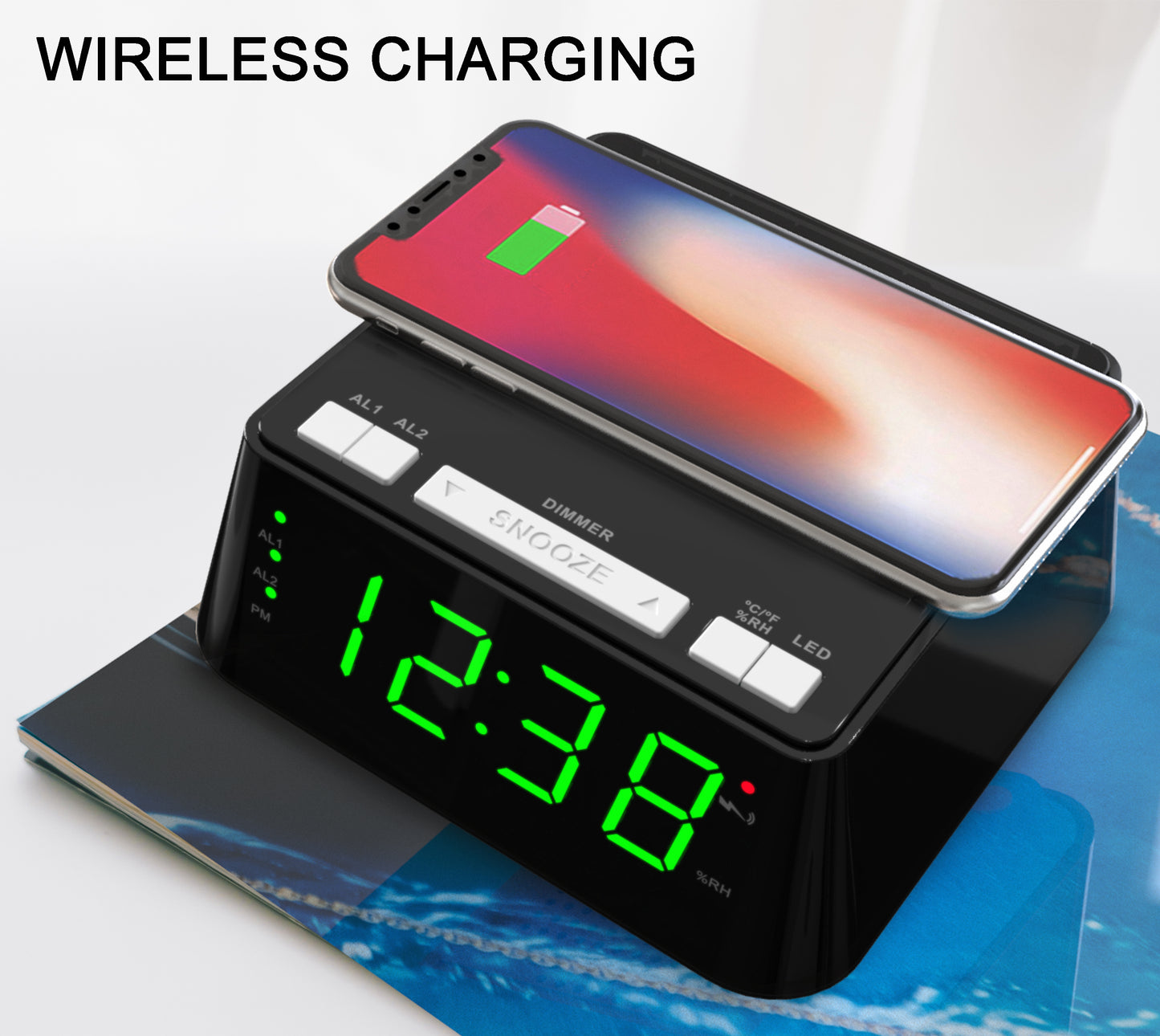 Bedside Alarm Clock with Wireless Charging, Dual Alarm, Snooze, Brightness Dimmer, USB Charging Port, Big LED Display, Night Light, Indoor Temperature & Humidity Display iTOMA 801