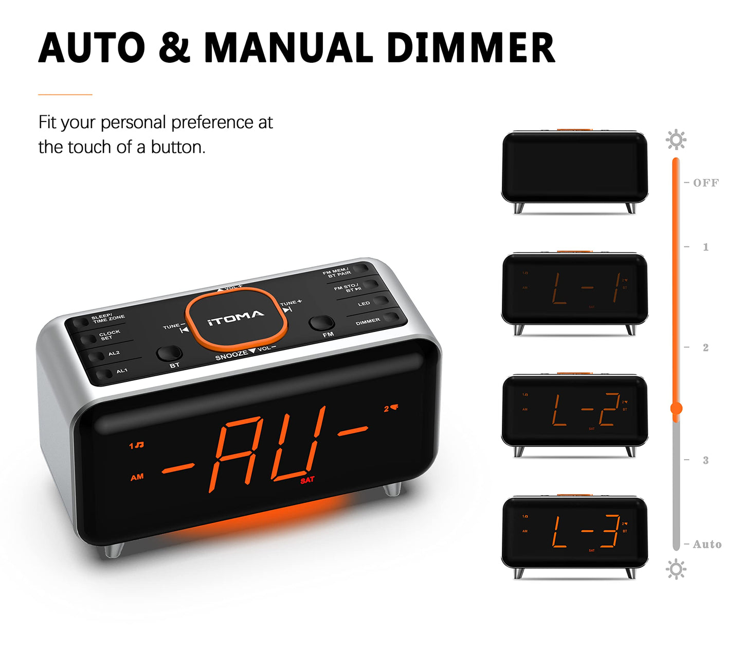 Radio Alarm Clock with App Control, Bluetooth, FM Radio, Dual Alarm of 4 Alarm Modes, Easy Snooze, Dimmer, Orange Night Light, 12/24 Hr & USB Charger Port iTOMA 208A