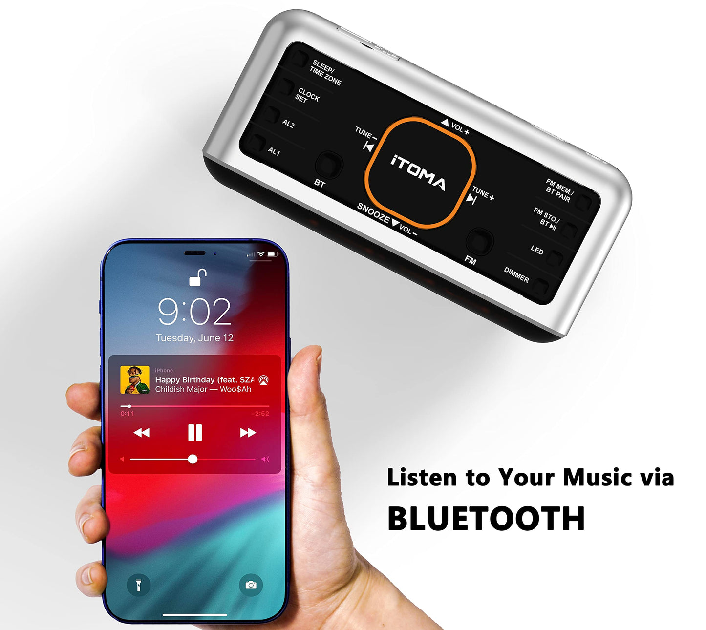 Radio Alarm Clock with App Control, Bluetooth, FM Radio, Dual Alarm of 4 Alarm Modes, Easy Snooze, Dimmer, Orange Night Light, 12/24 Hr & USB Charger Port iTOMA 208A