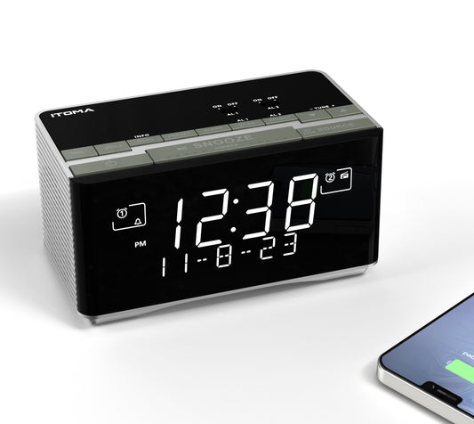 Wecker mit DAB- und UKW-Radio, USB-Ladeanschluss, Bluetooth-Stereolautsprecher, Kopfhöreranschluss, Doppelalarm, Schlummerfunktion, dimmbares LCD-Display, iTOMA 3501D