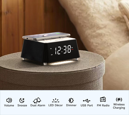 Kabelloser Radiowecker mit Bluetooth-Lautsprecher, FM-Radio, Doppelalarm mit Schlummerfunktion, USB-Aufladung, Nachtlicht und dimmbarem Display iTOMA 205
