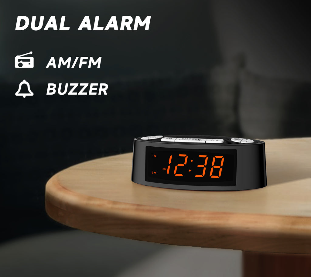 Radio despertador digital iTOMA AM/FM con alarma dual, temporizador de apagado y función de repetición, pantalla LED naranja y atenuación de 4 niveles (3301)