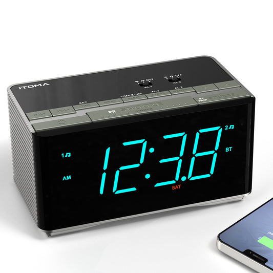Digitaler Radiowecker, Bluetooth-Stereolautsprecher, UKW-Radio, Doppelalarm, Schlummerfunktion, Helligkeitsdimmer, USB-Aufladung, Wecker für Schlafzimmer und Büro iTOMA 3501S