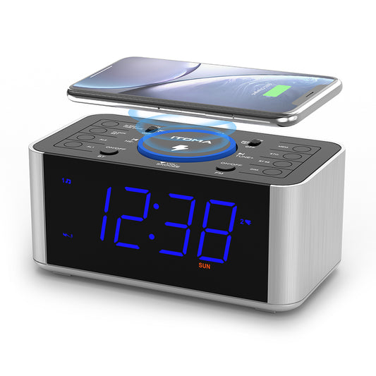 Kabelloser Ladewecker mit DAB- und UKW-Radio, 40 voreingestellten Sendern, zwei Alarmen, Schlummerfunktion, dimmbarem LCD-Display, Bluetooth, USB-Ladefunktion und Kopfhöreranschluss, Radiowecker fürs Bett iTOMA 206