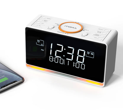 Wecker mit DAB- und UKW-Radio, 40 Voreinstellungen, kabellose Verbindung, Doppelalarm, Sleep-Timer, Dimmersteuerung, USB-Ladegerät und Kopfhöreranschluss iTOMA 728