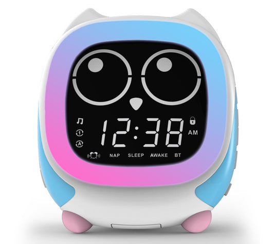 Kinderwecker Addo, Sonnenaufgangs-/Sonnenuntergangssimulation, Nachttischlampe, Uhrentrainer für Kinder mitwachsen und Bluetooth-Musikplayer, Weißes Rauschen, Schlafgeräusche, Weckuhr, Eule, iTOMA