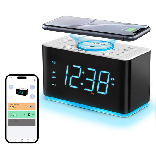Creative APP Control, Alarm Clock Radio with 15W Wireless Charger, FM Radio, Bluetooth, Two Charging Ports, Dual Alarm, Sleep Timer, Snooze, Auto-Manual Dimmer, Night Light &1.4" Ice Blue LED Display Clock Radio for Bedroom iTOMA 207A-EU