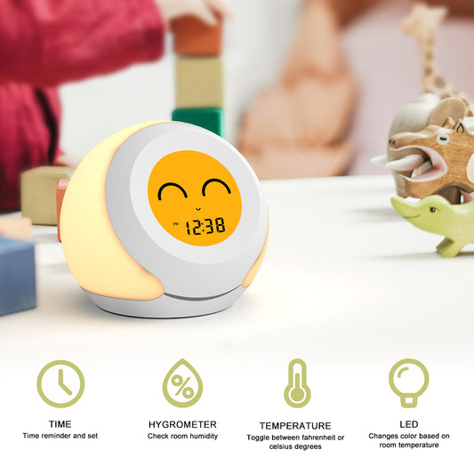 Termómetro e higrómetro para habitación infantil con adorables expresiones faciales, luz de colores a elegir, regulador de intensidad de 4 niveles, monitor de temperatura interior, pantalla LCD con hora infantil, medidor de temperatura y humedad iTOMA 915