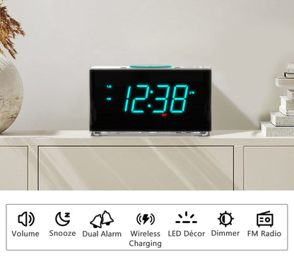 Radiowecker, 15 W ultraschnelles kabelloses Telefonladegerät mit Bluetooth, USB-Ladeanschluss, Dual-Alarm, Sleep-Timer, Schlummerfunktion, Dimmer, UKW-Radio, cyanfarbenes LED-Nachtlicht und 1,4-Zoll-Display iTOMA CKS207 