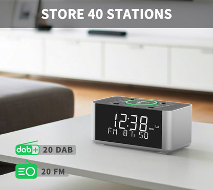 Wecker mit DAB- und FM-Radio, kabelloses Laden, 40 voreingestellte Sender, zwei Alarme, Schlummerfunktion, dimmbares LCD-Display, Bluetooth, USB-Ladefunktion und Kopfhöreranschluss, Radiowecker fürs Bett iTOMA 206D