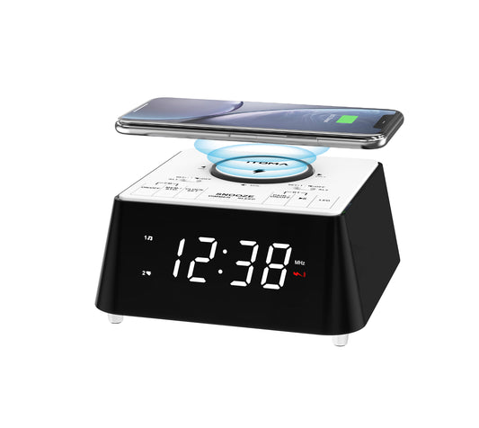 Kabelloser Radiowecker mit Bluetooth-Lautsprecher, FM-Radio, Doppelalarm mit Schlummerfunktion, USB-Aufladung, Nachtlicht und dimmbarem Display iTOMA 205