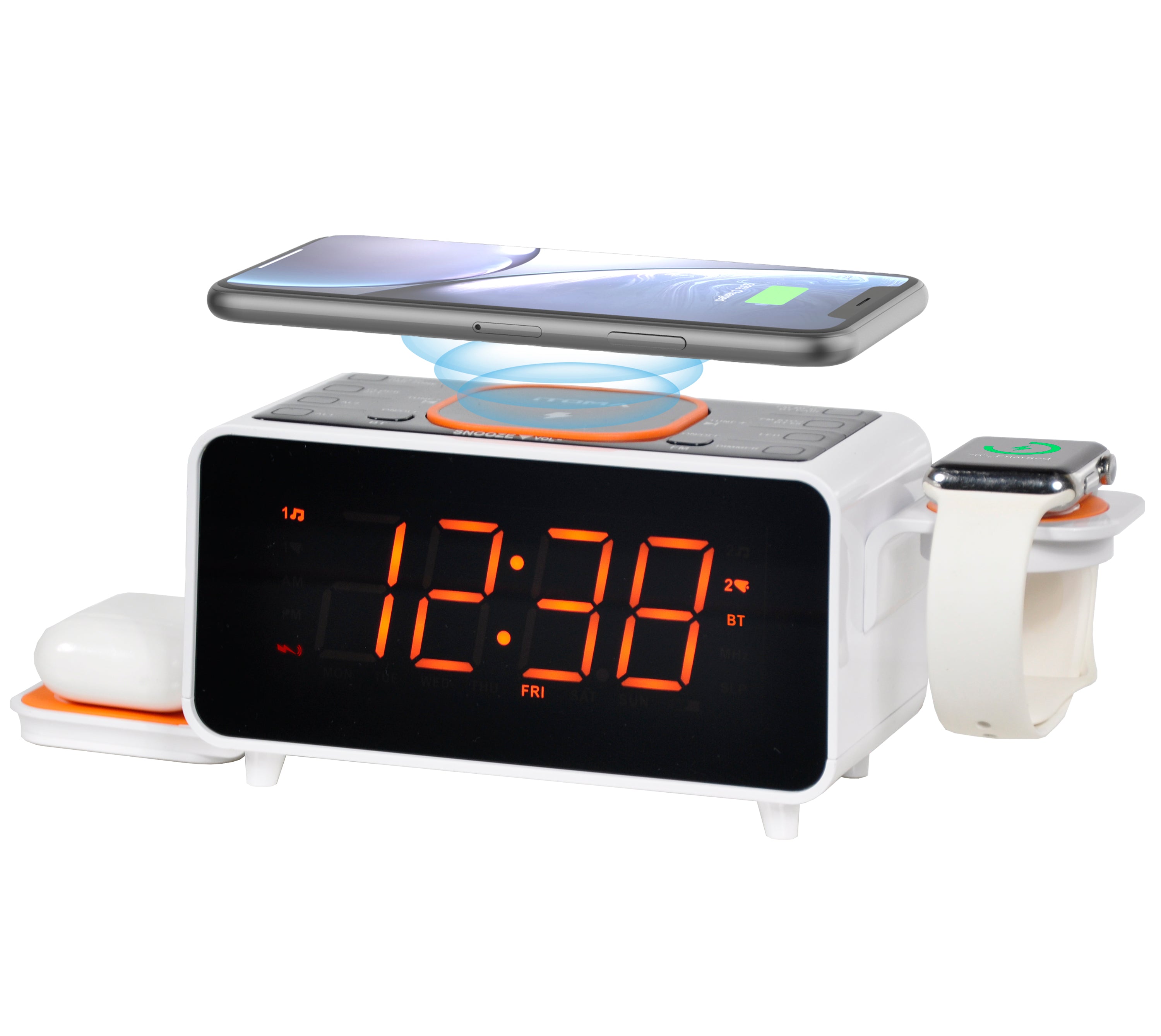 Dualer, kabellos aufladbarer Radiowecker mit Bluetooth-Lautsprecher, UKW-Radio, zwei USB-Anschlüssen, Dual-Alarm, Schlummerfunktion, Nachtlicht, automatischer und manueller Dimmersteuerung und 1,4" orangefarbenem Display iTOMA CKS209 