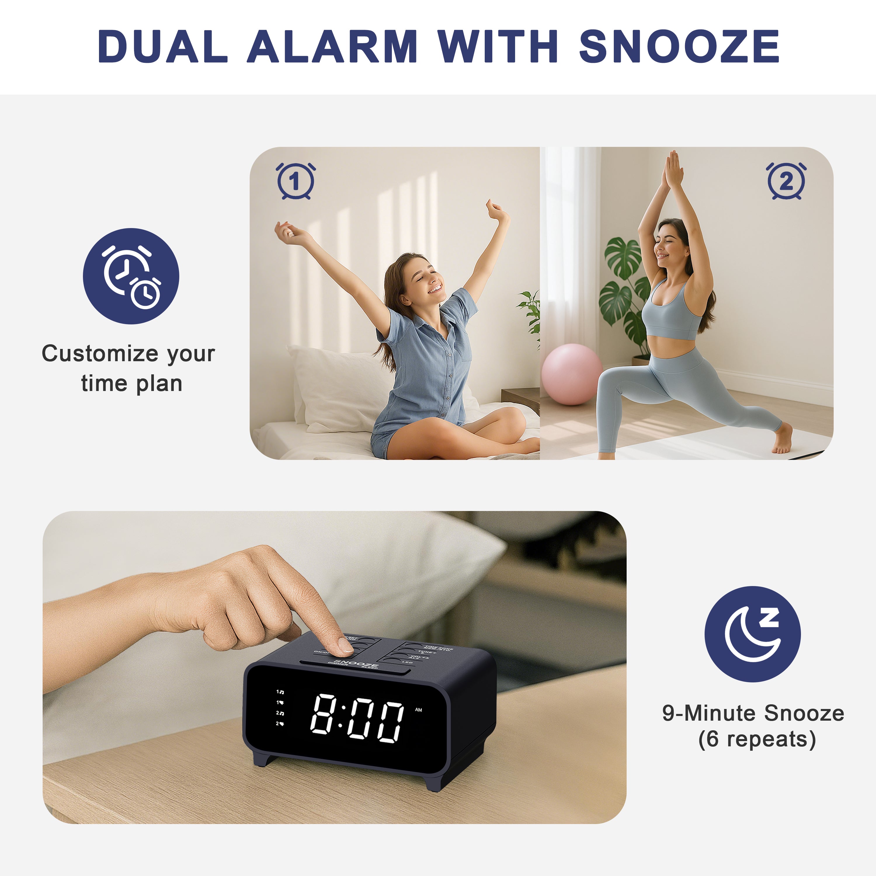 Clock Radio with AM/FM Radio, Dual Alarms, Snooze,  Memory Presets, Dimmer, Sleep Timer, 12/24Hr, Digital Clock with Volume Control, Night Light & White LED Display Alarm Clock for Bedroom iTOMA 213