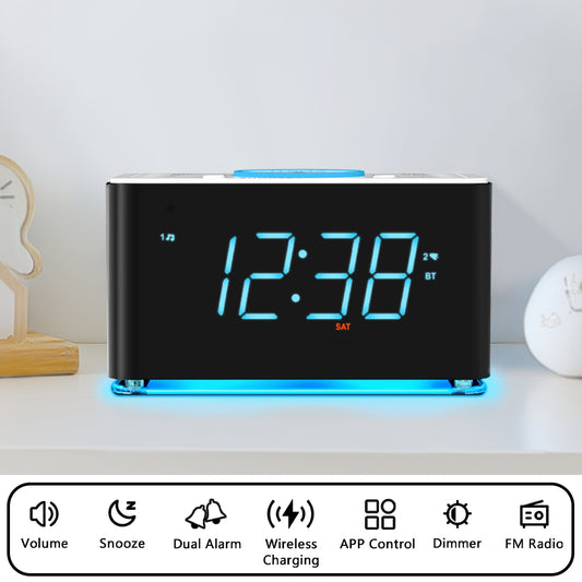 Creative APP Control, Alarm Clock Radio with 15W Wireless Charger, FM Radio, Bluetooth, Two Charging Ports, Dual Alarm, Sleep Timer, Snooze, Auto-Manual Dimmer, Night Light &1.4" Ice Blue LED Display Clock Radio for Bedroom iTOMA 207A-EU