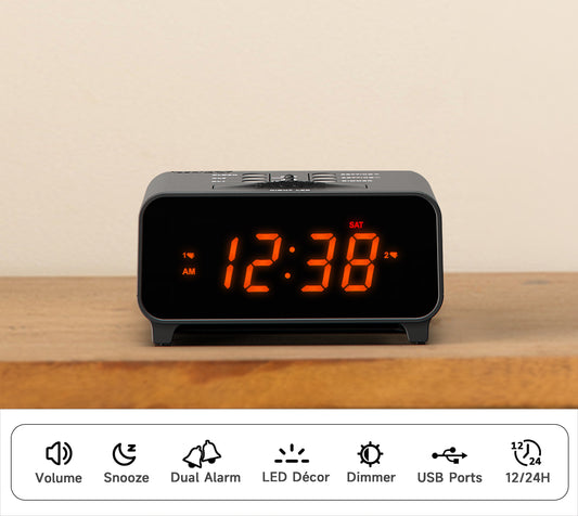 iTOMA 213-EU Small Alarm Clocks, Dual Alarms with 4 Alarm Week Modes, Snooze, USB Charger, Auto & Manual Dimmer,12/24Hr,Night Light and Orange LED Display Clock for Bedrooms