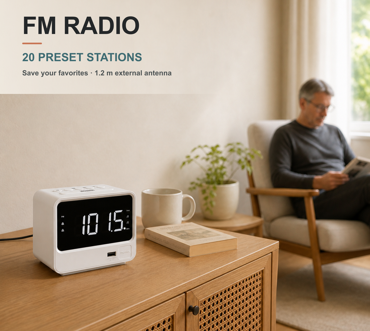 iTOMA Alarm Clock Radio for Bedrooms with Two USB Charging Port, Large Numbers with Adjustable Brightness, Bedside Digital FM Radio with Sleep Timer, Volume, Snooze, Led Digital Clock A23 (White)