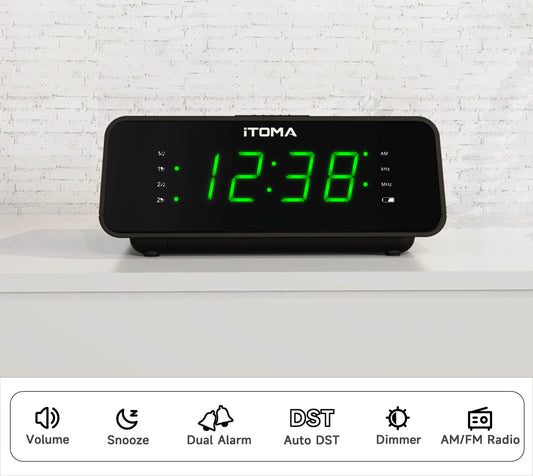 Digitaler iTOMA-Wecker mit AM/FM-Radio, 4-stufigem Dimmer, Schlummerfunktion, zwei Alarmen, Sleep-Timer und gut lesbarem 0,9-Zoll-LED-Display in Jadegrün, 2100