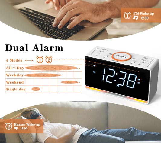 Digitaler Radiowecker, 1,4-Zoll-Uhr mit weißem LED-Display, Bluetooth, FM-Radio, Doppelalarm, Sleep-Timer, Schlummerfunktion, automatischem und manuellem Dimmer, USB-Ladegerät und Nachtlicht iTOMA 718