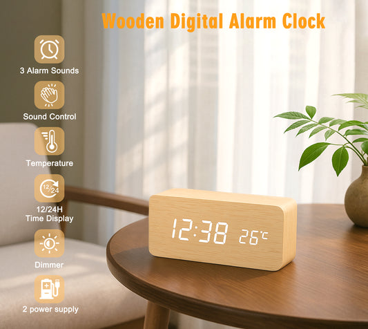 Multi-Function Digital Clock, Adjusting Brightness LED Alarm Clock with Time/Date/Temp Display Wooden Clock Smart Sleep Mode & DC/Battery for Home Office Travel