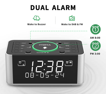 Wecker mit DAB- und FM-Radio, kabelloses Laden, 40 voreingestellte Sender, zwei Alarme, Schlummerfunktion, dimmbares LCD-Display, Bluetooth, USB-Ladefunktion und Kopfhöreranschluss, Radiowecker fürs Bett iTOMA 206D